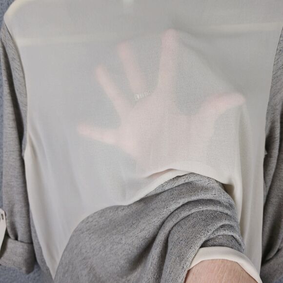 She + Sky Tunic Top Womens M Gray Beige Knit Semi Sheer Back Roll Tab Flowy - Picture 4 of 13